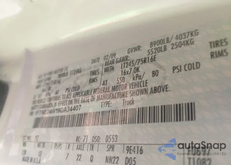 2009 Ford E-250 Commercial z USA, uszkodzony, nr VIN 1FTNE24W19DA34407